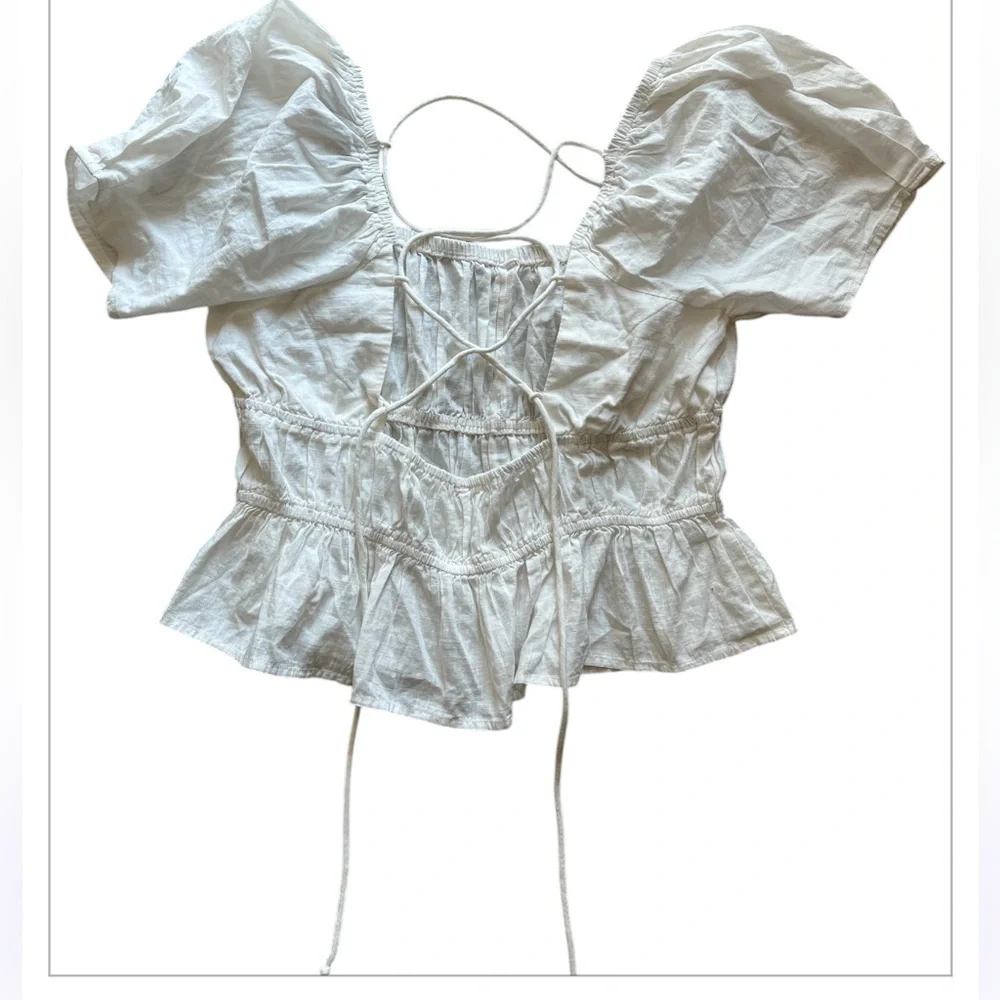 Free People Puff Sleeve Peplum Crop Top White Cotton‎ Size L Boho Cottagecore